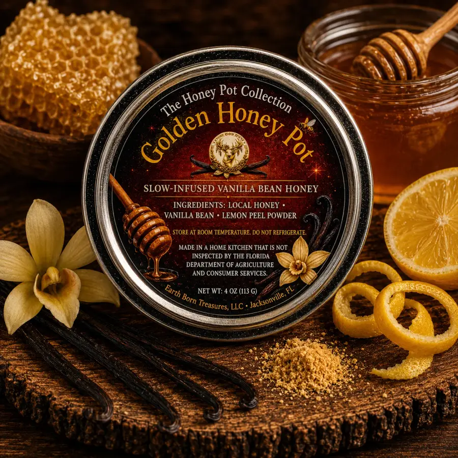 An Earth Born Roots slow-infused vanilla bean honey pot