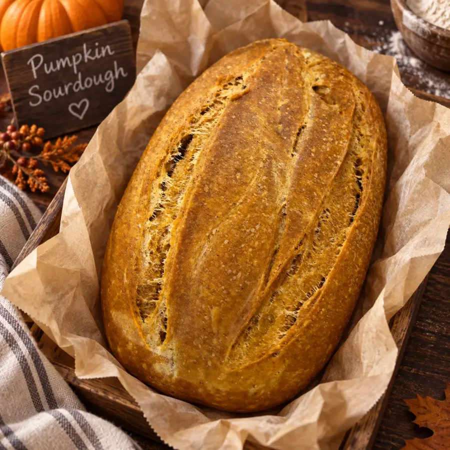 An Earth Born Roots pumpkin sourdough loaf in parchment