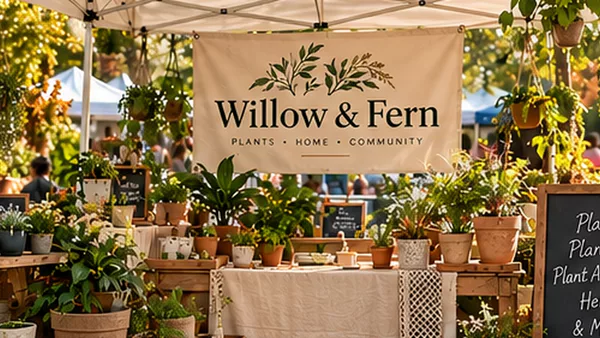 A plant vendor’s market booth: potted plants on wooden crates and shelves under a Willow & Fern banner.
