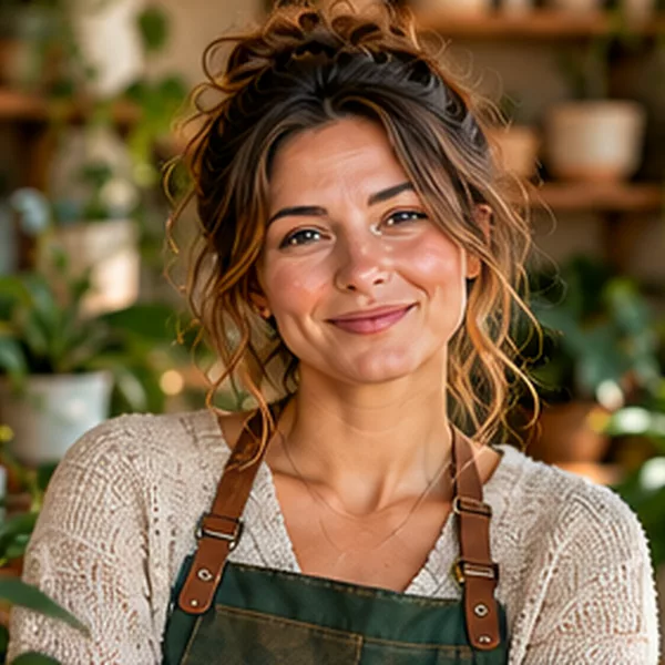 Ivy Calloway, the fictional owner of Willow & Fern, in her plant shop.