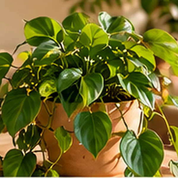 Philodendron Brasil in a terracotta pot, one of Willow & Fern’s product photos.