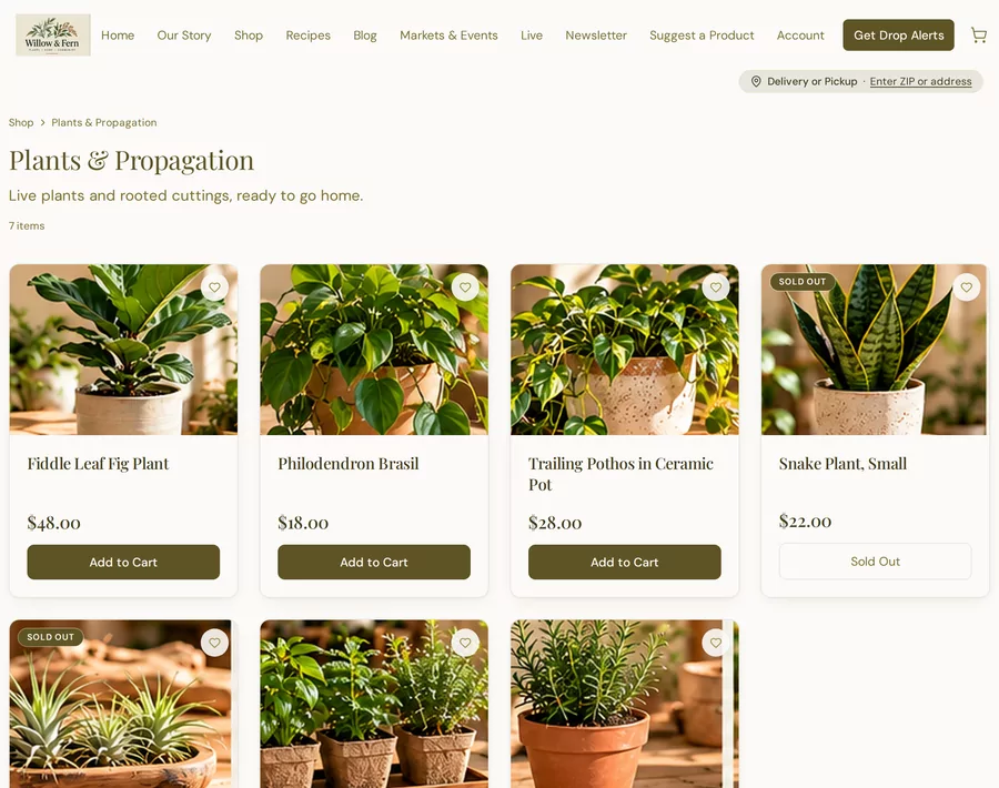 The Willow & Fern storefront's Plants & Propagation collection: plant photos with prices and Add to Cart buttons, the shop's own logo in the header.