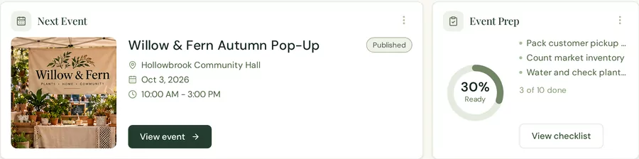 The Events board for the Autumn Pop-Up: the next event card with its cover photo, Hollowbrook Community Hall, 3 October, 10 AM to 3 PM, and Event Prep at 30% ready.