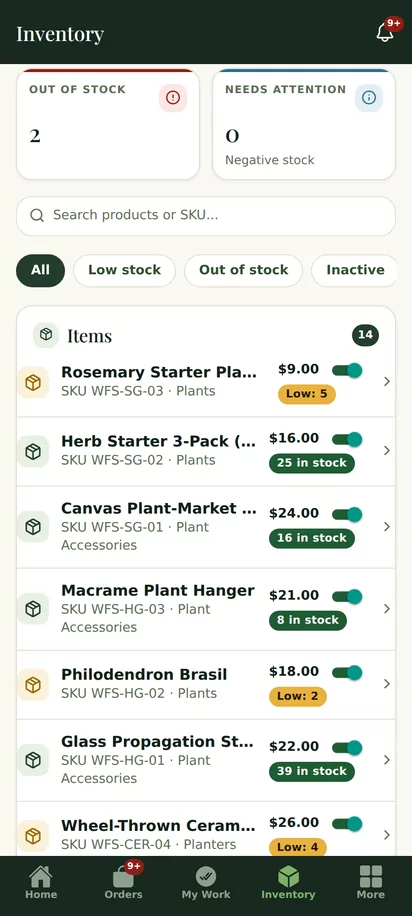 Roots Manager inventory on Android listing Willow & Fern products, with Philodendron Brasil marked low at 2.