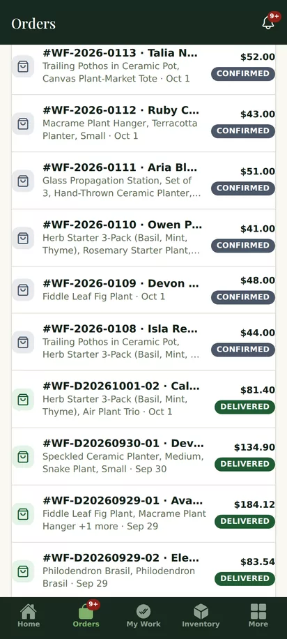 Roots Manager on Android: the Willow & Fern order list with order numbers, items, totals and statuses.
