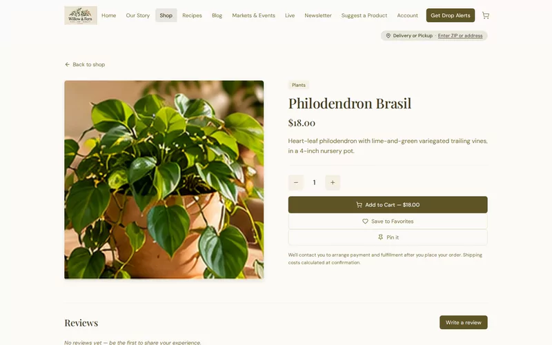 The public Willow & Fern product page for Philodendron Brasil at $18.00, with an Add to Cart button.
