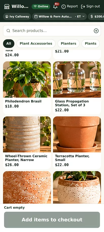 Roots POS on Android selling at the Willow & Fern Autumn Pop-Up: the plant product grid with photos and prices.
