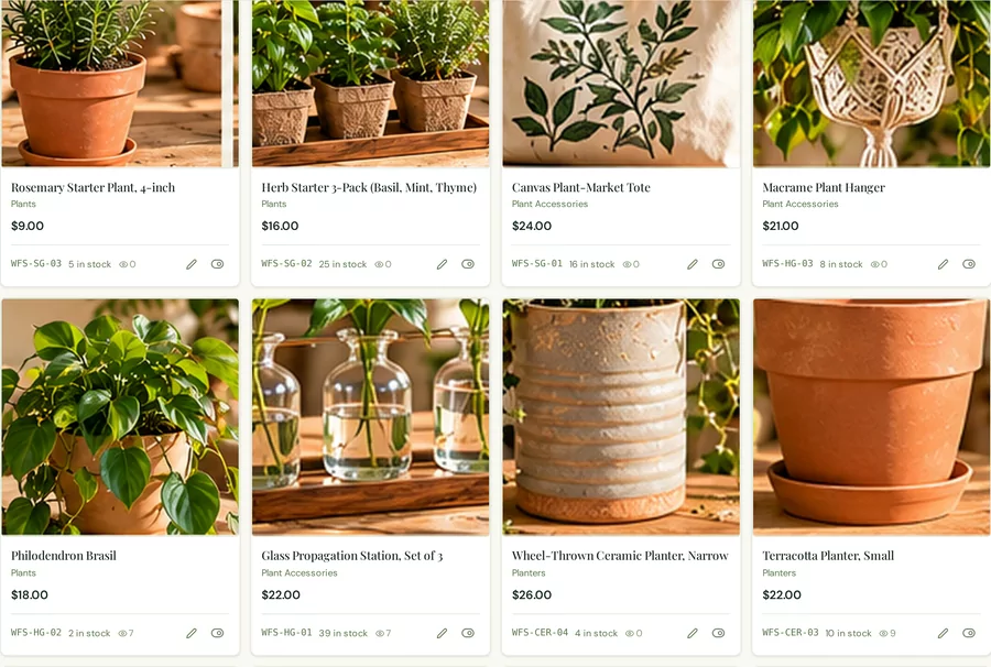 The Roots HQ product list for Willow & Fern: plant and planter photos with names, prices, SKUs and stock.