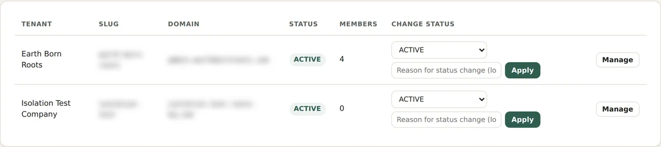 Roots HQ admin — per-tenant management and isolation.