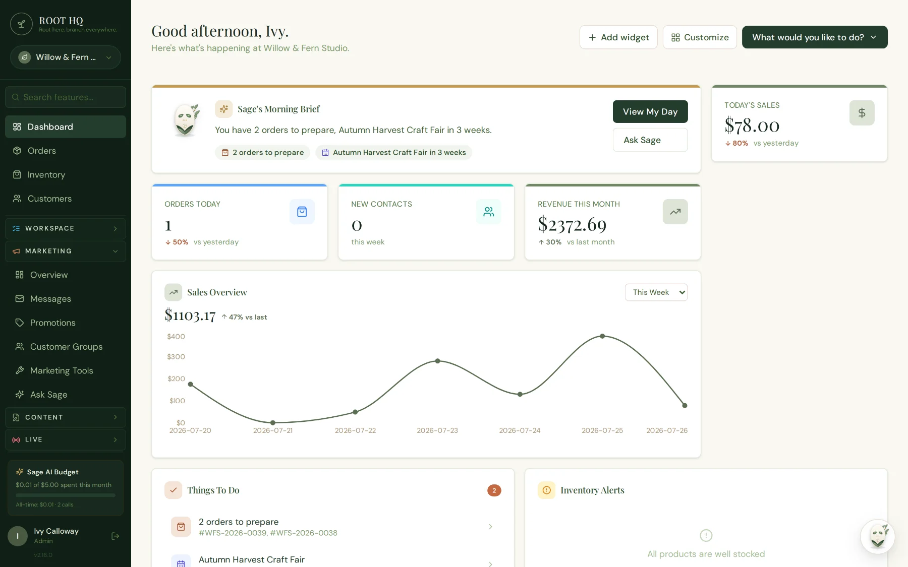 Roots HQ dashboard showing today's sales, orders to prepare, and an upcoming craft fair, gathered onto one screen