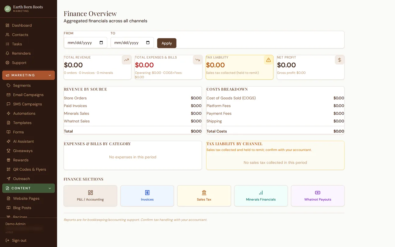 Roots HQ finance backend — revenue and P&L.