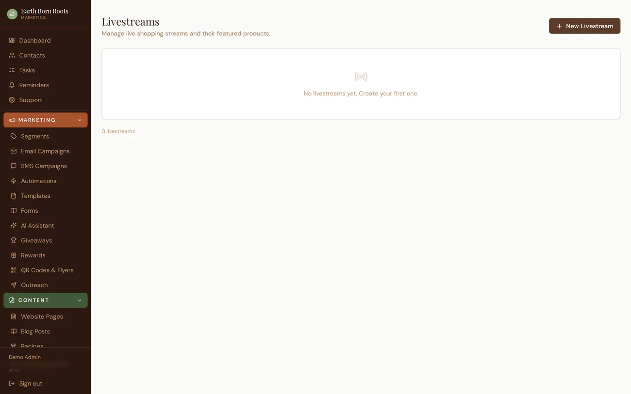 Roots HQ live-selling backend — scheduling and stream management.