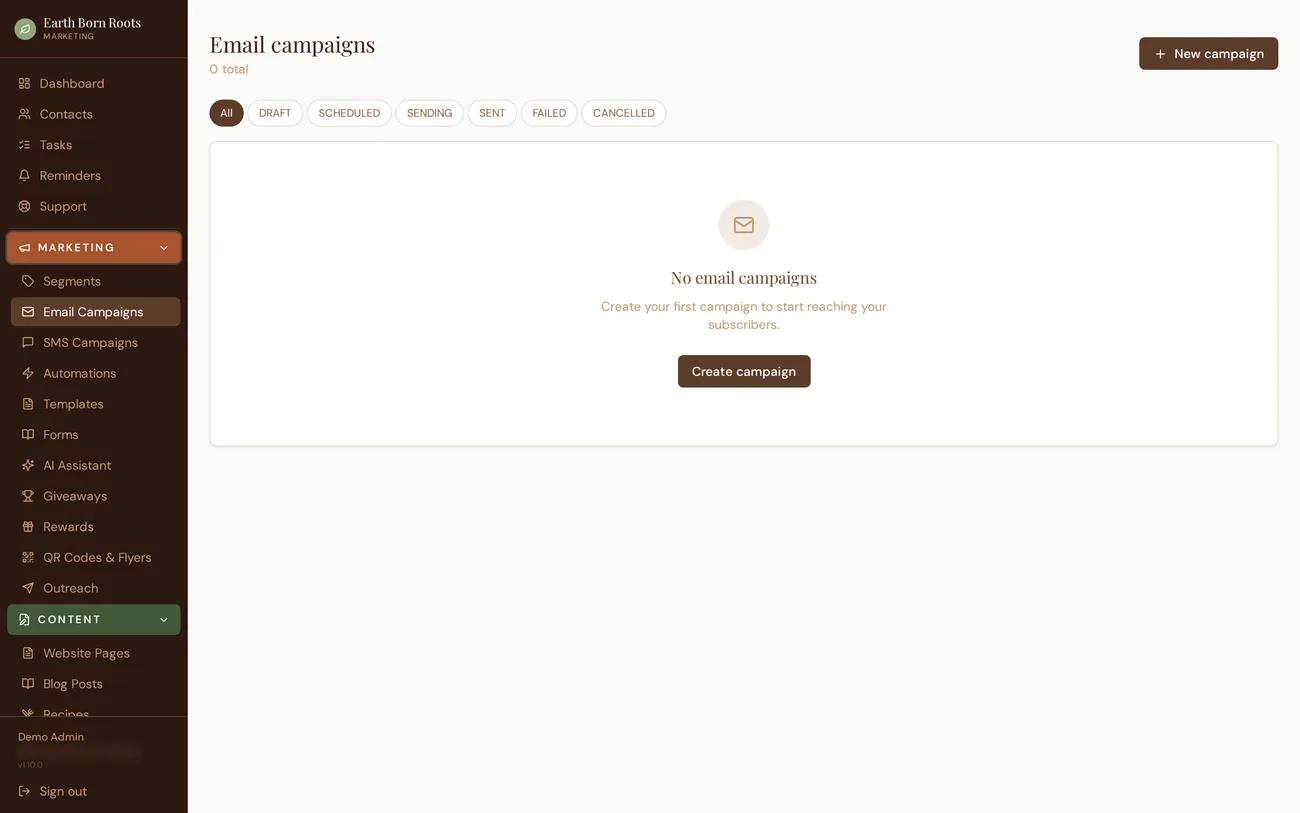 Roots HQ marketing backend — email & SMS campaigns.