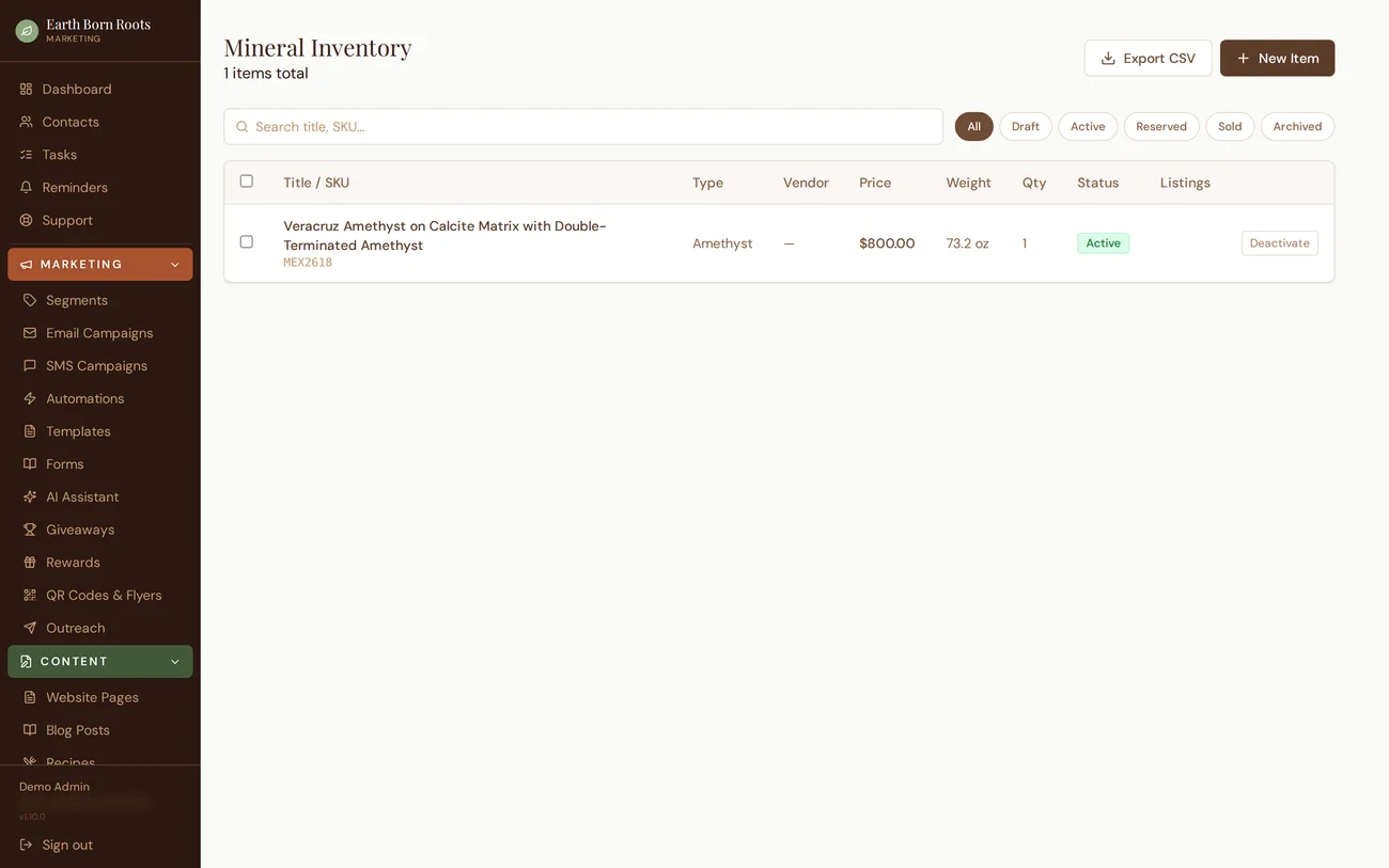 Roots HQ specimen inventory backend — unique mineral items.