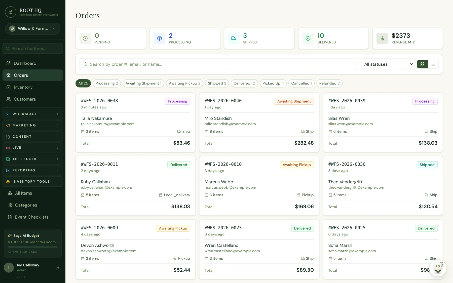 Roots HQ orders view with every order landing in one queue, each tagged Processing, Shipped, Delivered, Awaiting Pickup, or Awaiting Shipment
