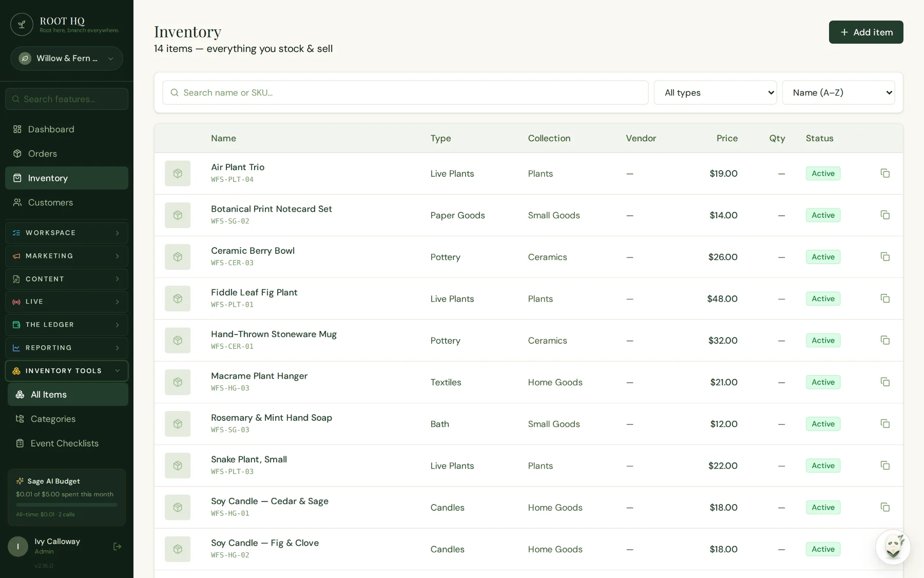 Roots HQ Inventory screen listing products with type, collection, vendor, price, quantity, and active status columns