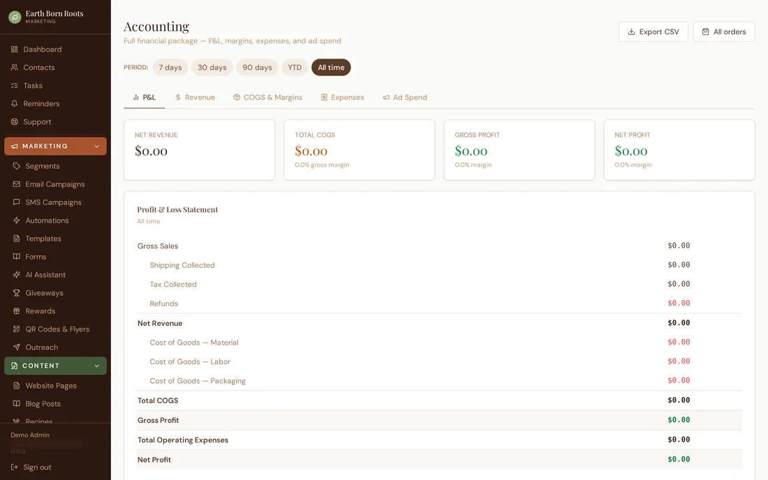 The Ledger accounting overview in Roots HQ.