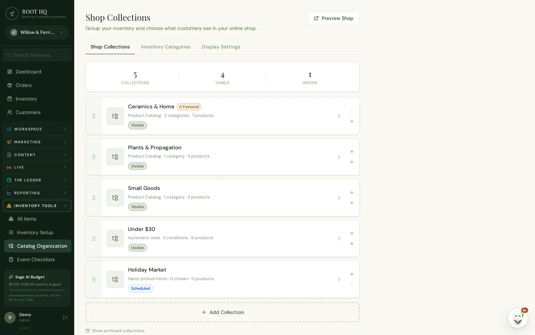 Roots HQ Shop Collections: large cards for Ceramics & Home, Plants & Propagation, Small Goods, an automatic Under $30 collection, and a scheduled Holiday Market, with live counts and a Sage review card.