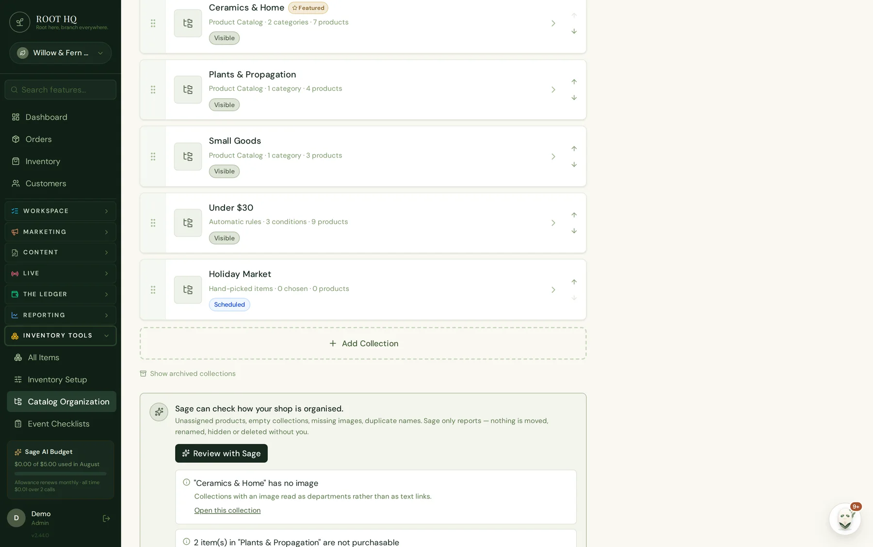 Sage's collection review in Roots HQ, listing unassigned products, collections with no image, and collections that need a decision.