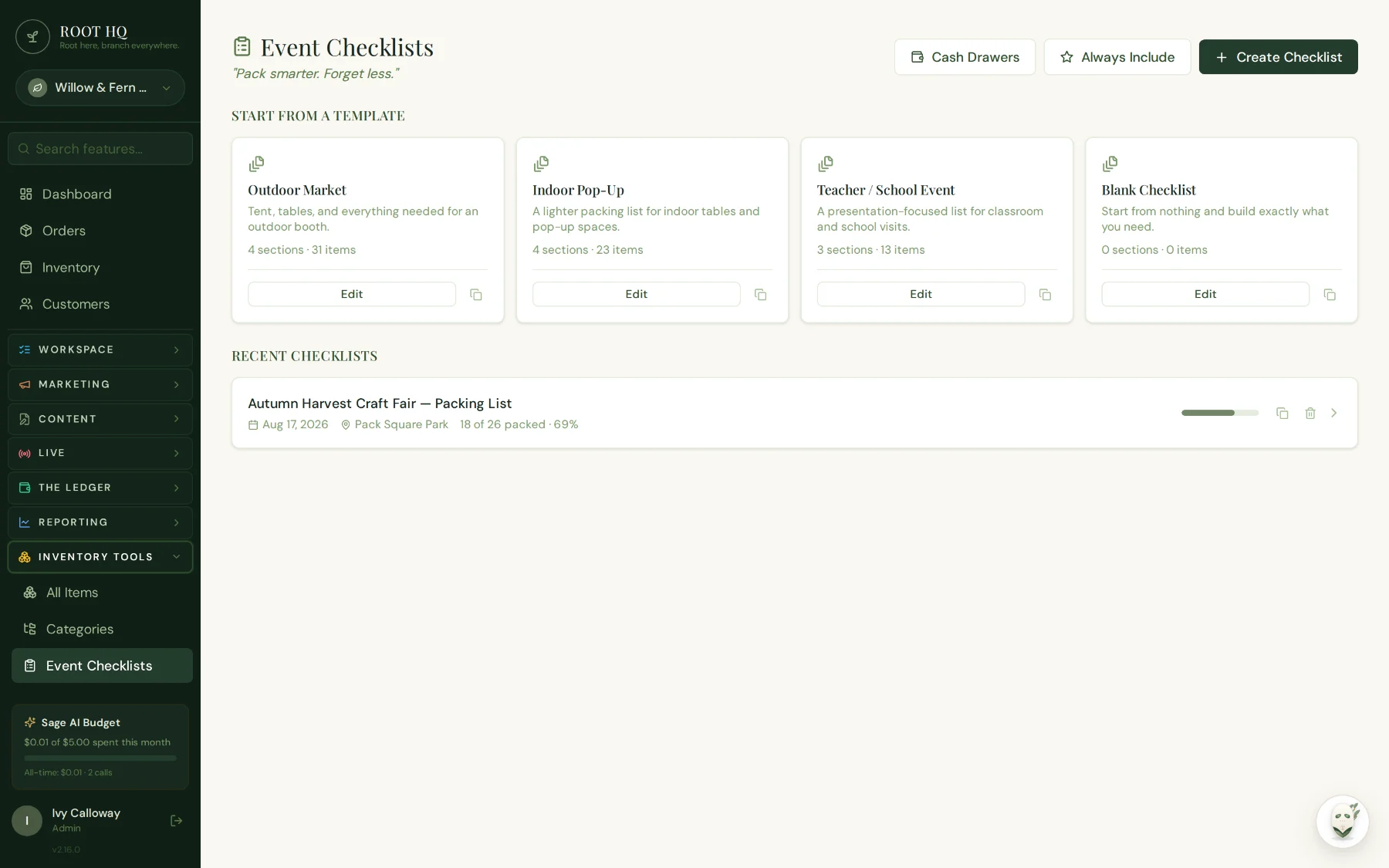 Roots HQ Event Checklists screen with starter templates for Outdoor Market, Indoor Pop-Up, and Teacher/School Event, plus a recent checklist showing packed-item progress