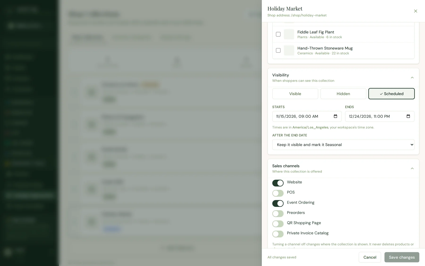 Roots HQ collection scheduling: start and end date and time, the workspace time zone, and a choice of what happens after the end date.