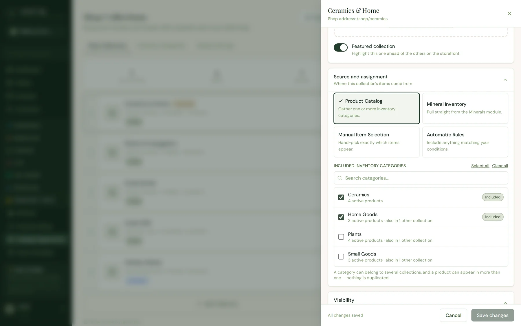 Roots HQ collection editor showing the searchable inventory-category picker with selected categories listed first and live product counts.