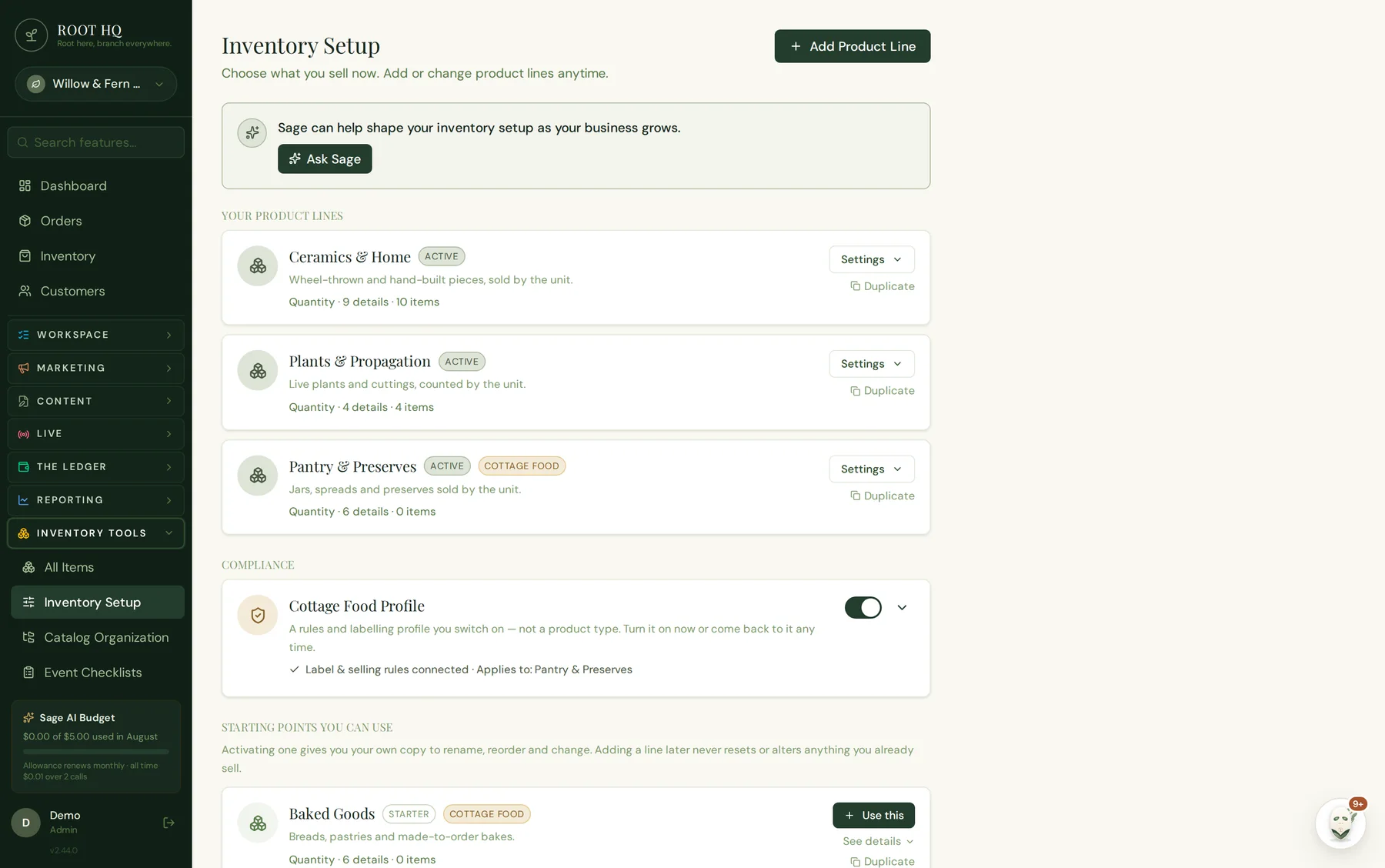 Roots HQ Cottage Food Profile expanded: country and state selectors, which product lines it applies to, and a compliance checklist.
