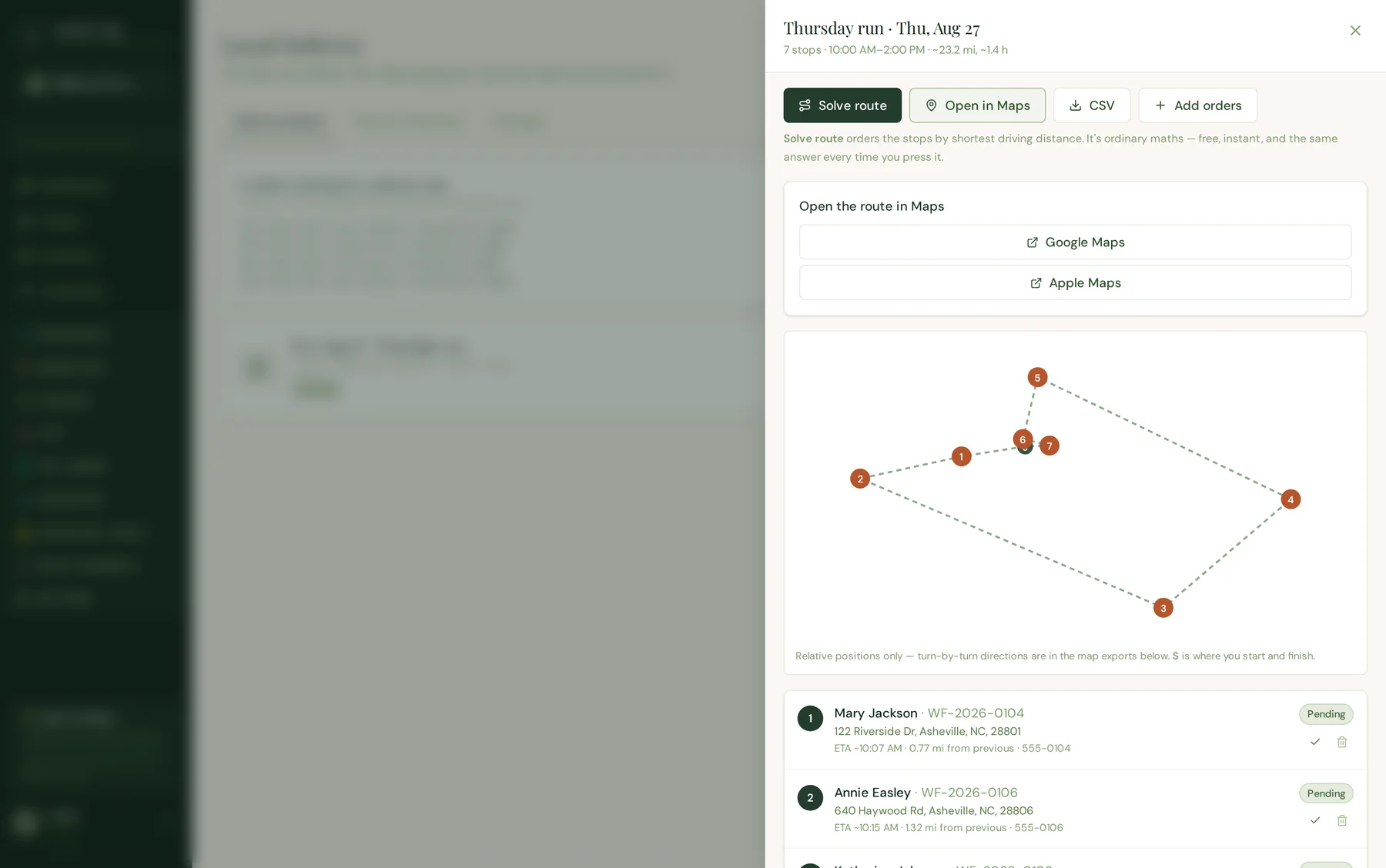 Roots HQ offering the solved route as Google Maps and Apple Maps links, plus a CSV download.