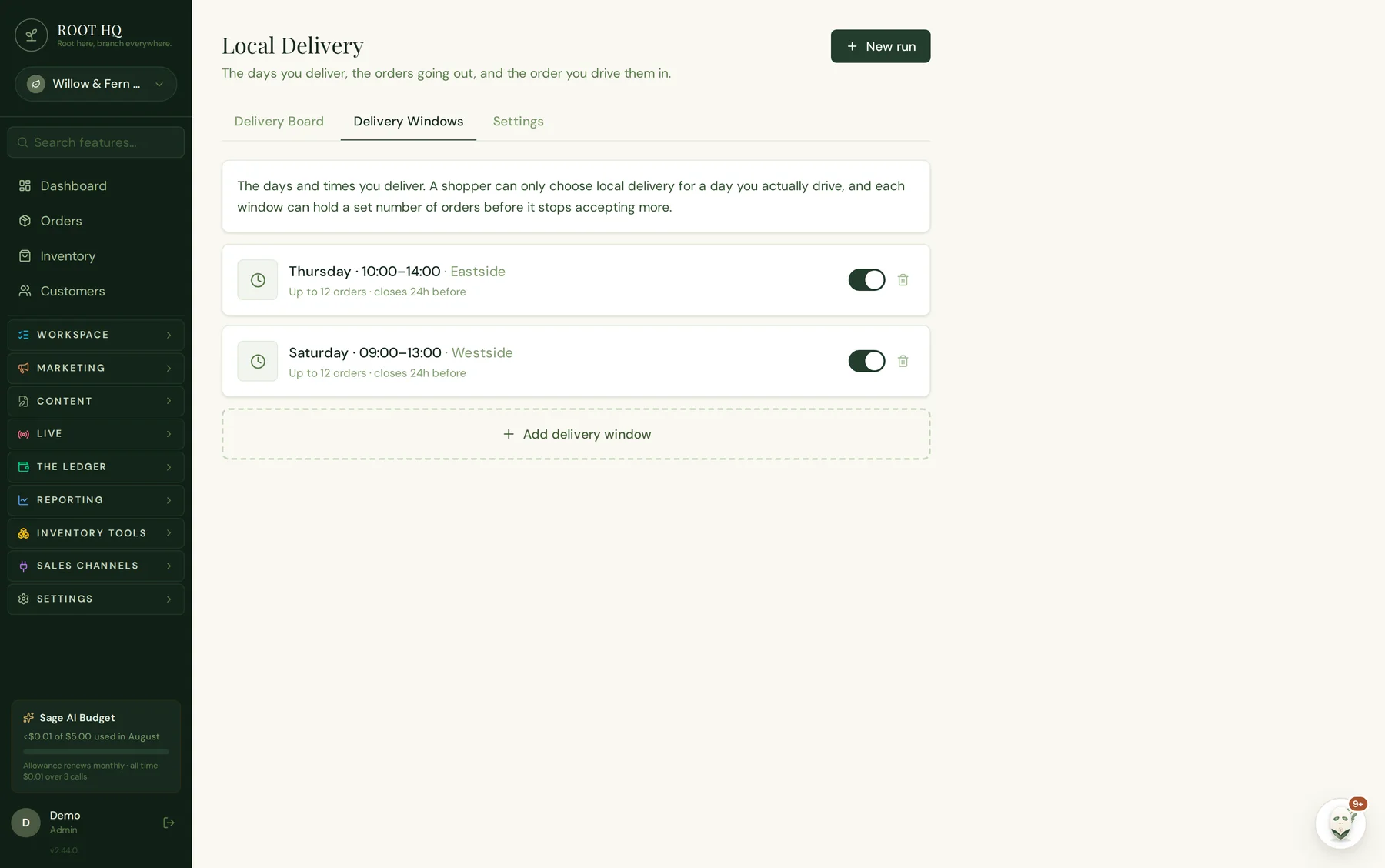 Roots HQ delivery windows: a Thursday 10–14 Eastside window and a Saturday 09–13 Westside window, each with an order limit and a cutoff.