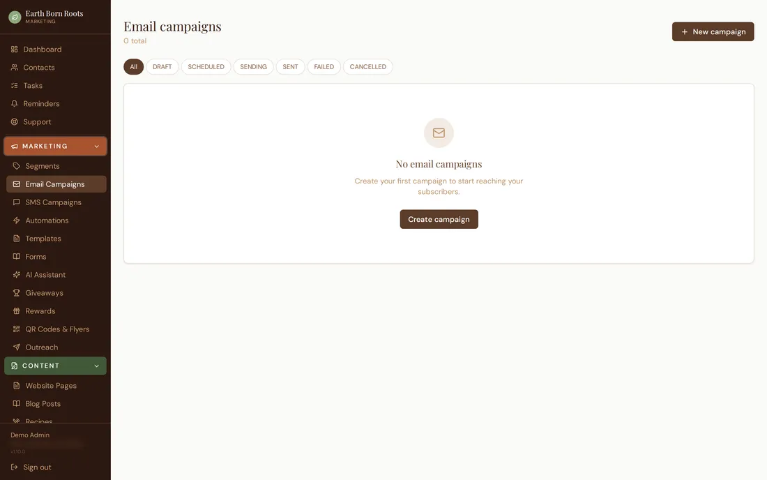 Email campaigns in Roots HQ.