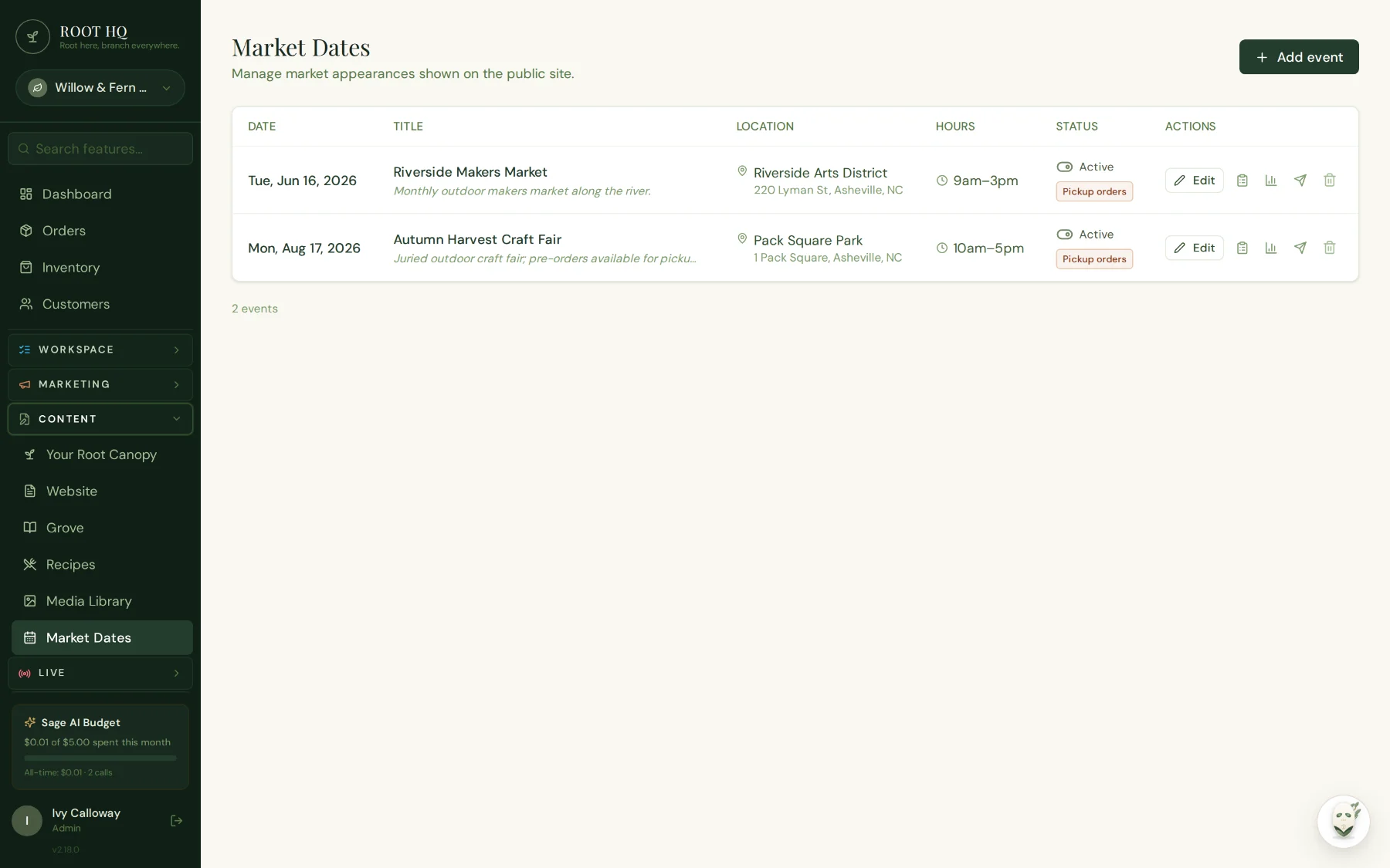 Roots HQ market dates screen listing an upcoming craft fair and a past market, each with its venue, date and pickup settings.
