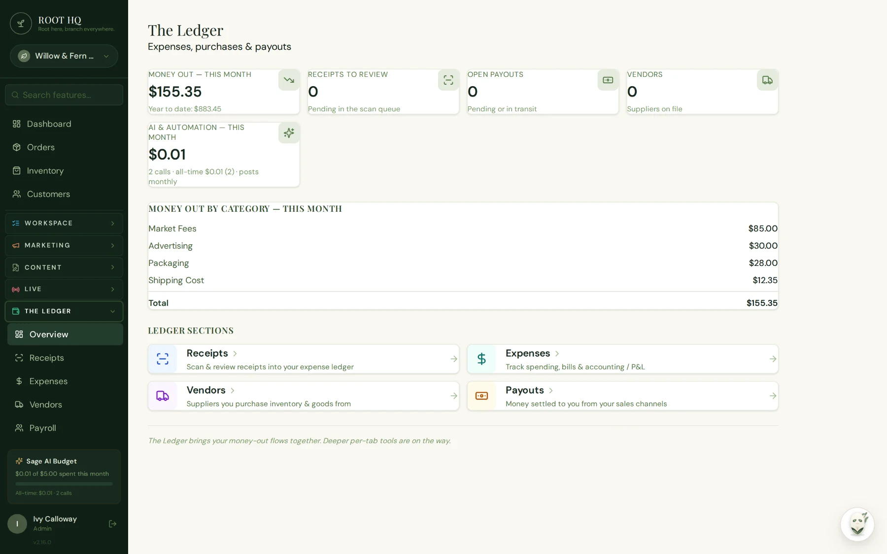 Roots HQ Ledger overview showing money out this month, receipts to review, open payouts, vendor count, a money-out-by-category breakdown, and links to Receipts, Expenses, Vendors, and Payouts