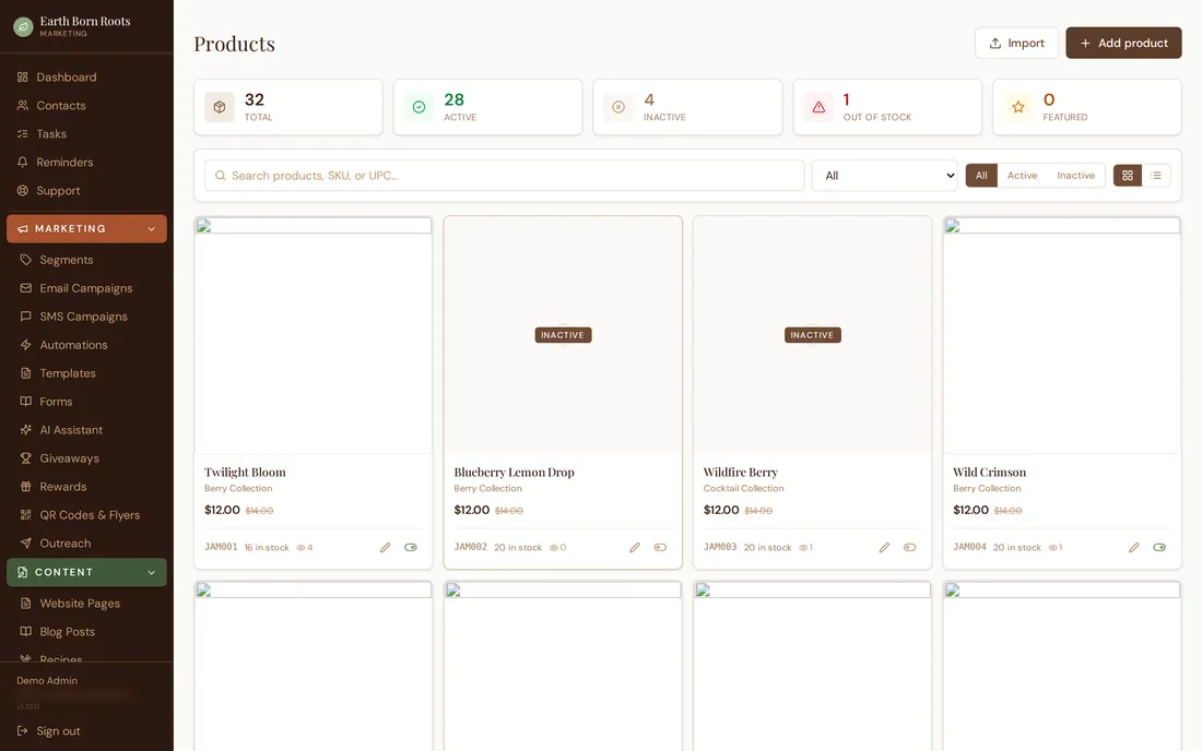 Products admin in Roots HQ.