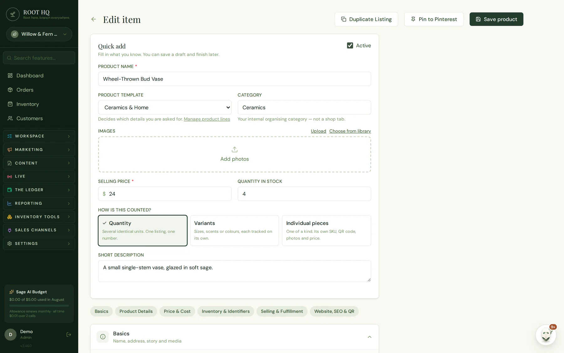 The Roots HQ item editor's Quick Add card: product name, product template, category, images, selling price, quantity, how the item is counted, and a short description.