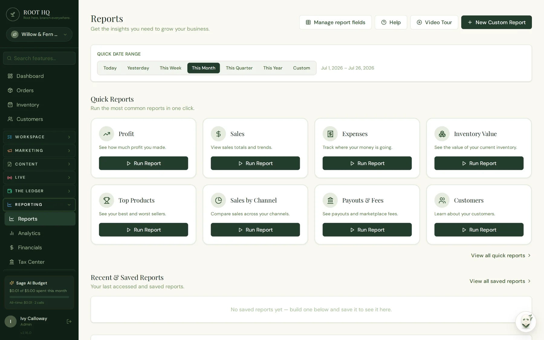 Roots HQ Reports screen with a date-range picker and one-click Profit, Sales, Expenses, Inventory Value, Top Products, Sales by Channel, Payouts & Fees, and Customers report tiles