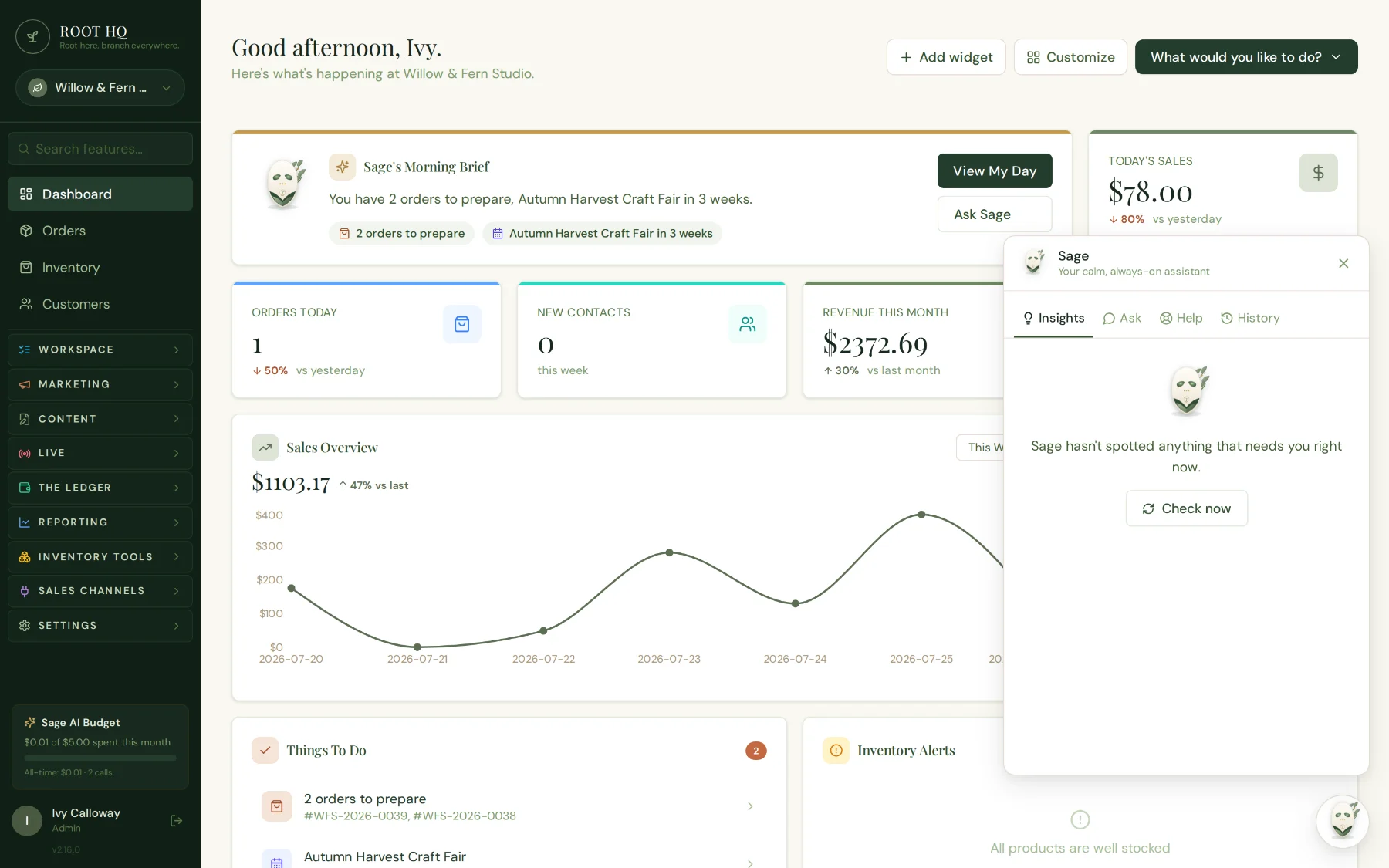 Roots HQ Sage side panel open over the dashboard, showing Insights, Ask, Help, and History tabs, with an Insights tab reporting nothing currently needs attention