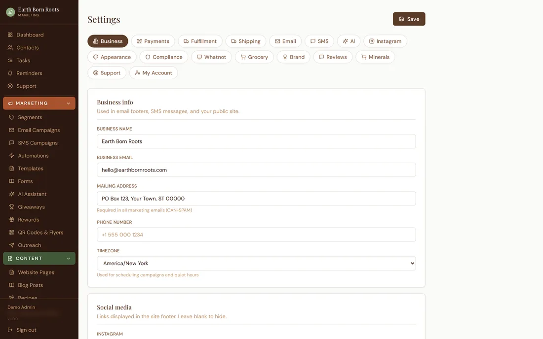 Settings and integrations in Roots HQ.