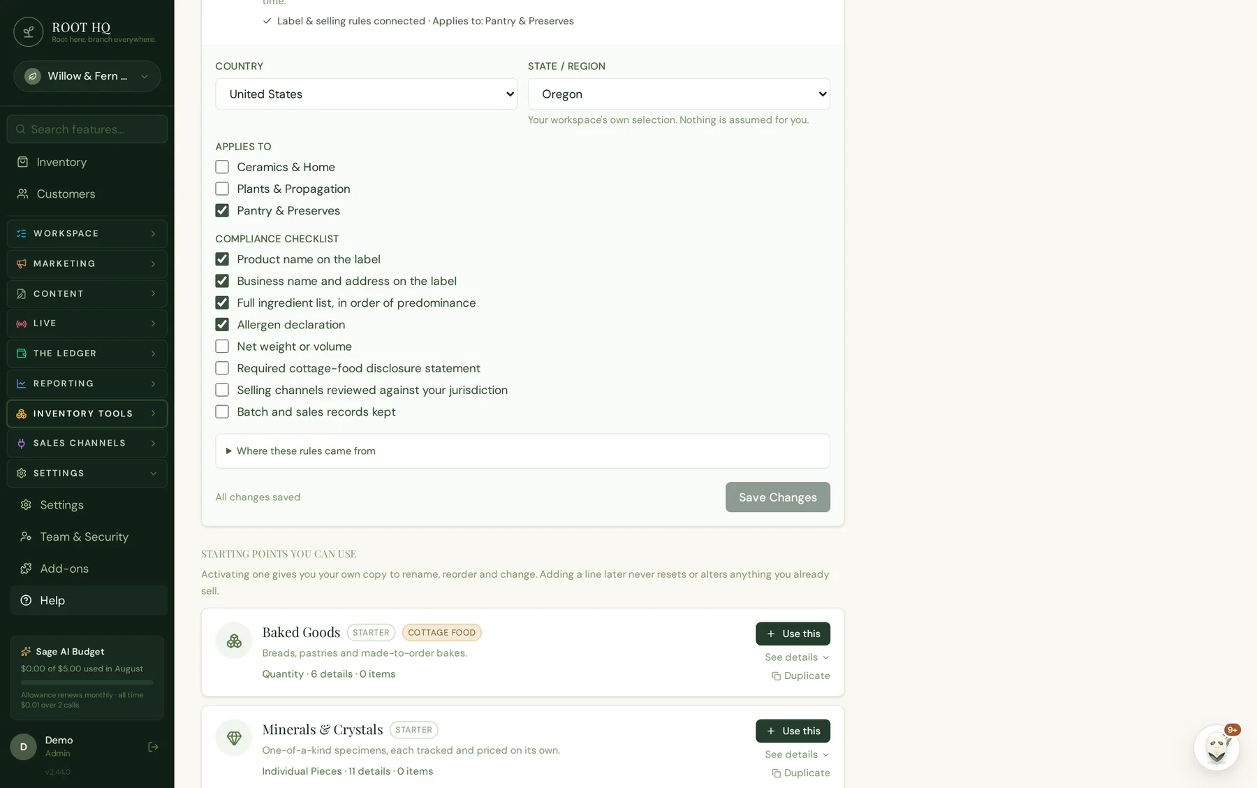 Roots HQ template settings for a Ceramics & Home product line, listing each detail field with its type and whether it appears on the website or stays internal.