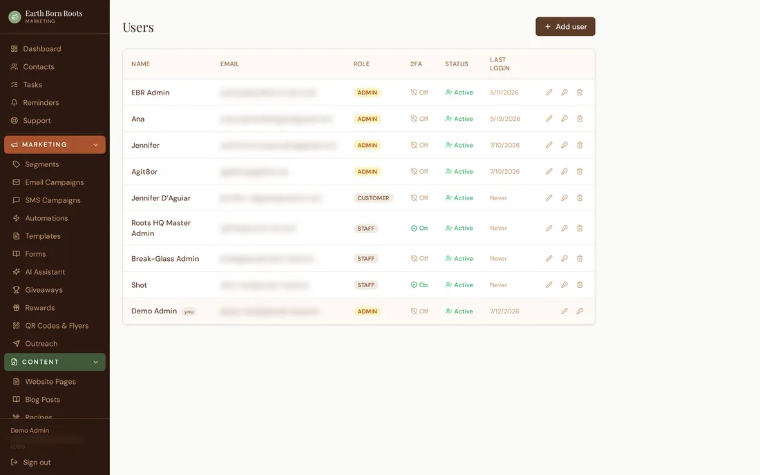 Users and roles in Roots HQ.