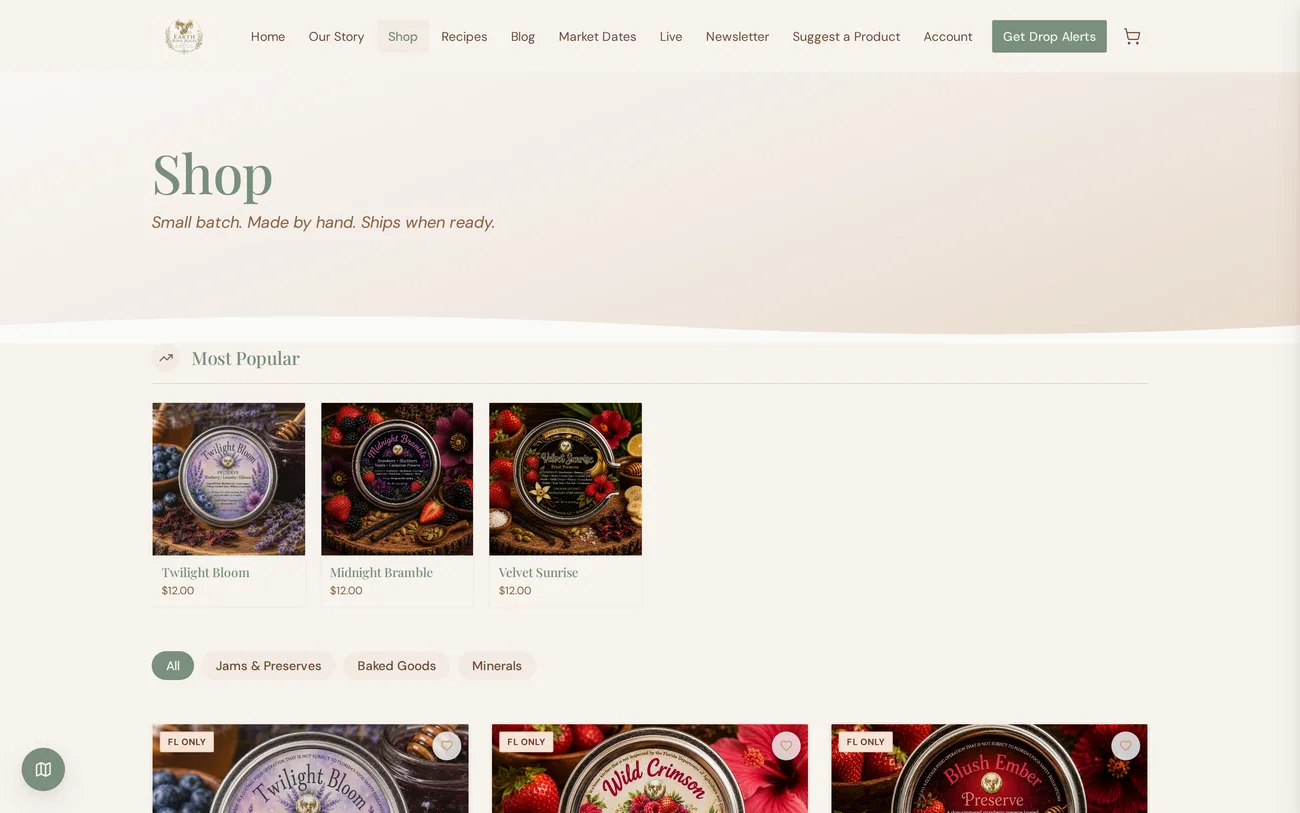 Roots HQ storefront shop page.