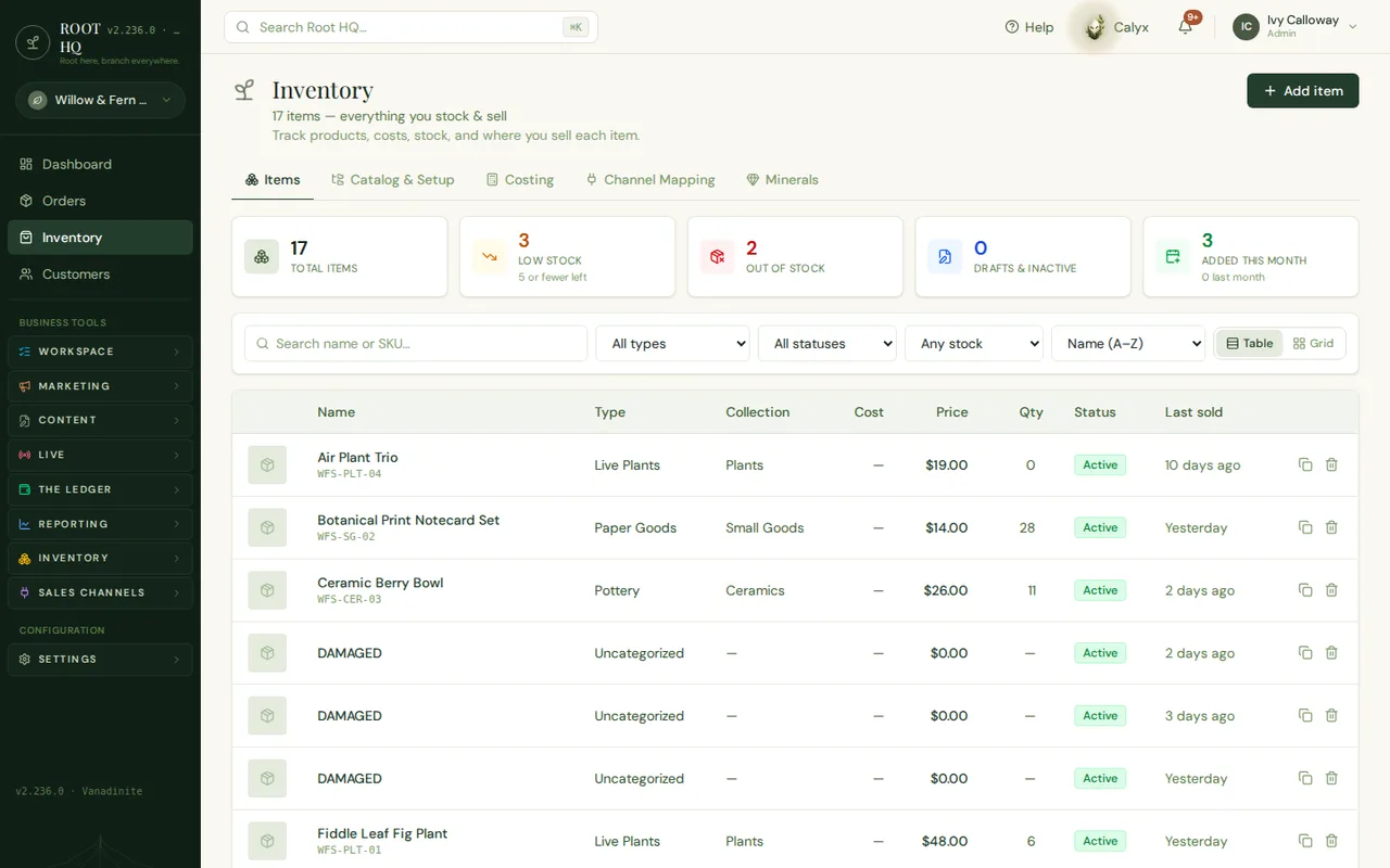 The Roots HQ Inventory page for Willow & Fern Studio listing 17 items — Air Plant Trio, Botanical Print Notecard Set, Ceramic Berry Bowl, Fiddle Leaf Fig Plant and others — with columns for type, collection, cost, price, quantity, status and last sold, plus KPI tiles for low stock and out-of-stock counts.